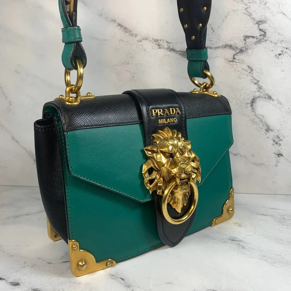 ❌❌ PRADA Lions Head Bag Antic Soft Saffiano Cahier Shoulder/Crossbody Green - Picture 3 of 16